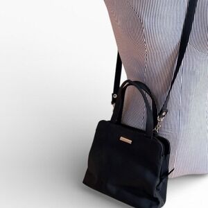 Vintage Elegant Black Nylon Shoulder Handbag with Gold Accent